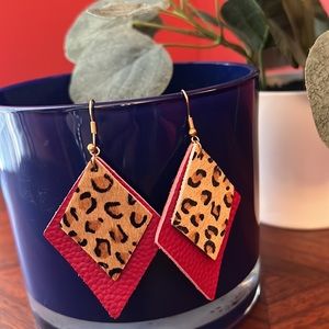 Red~Leopard  * leather & Half Calf Hair earrings. NWOT